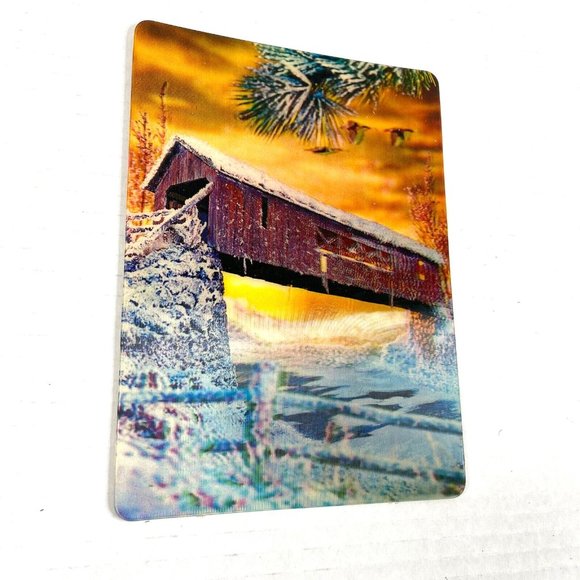 Covered Bridge Winter Nature 3-D 3D Postcard Unposted Vari-Vue 1960s Vintage - Picture 3 of 6